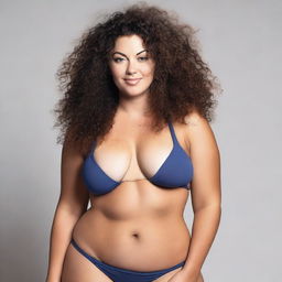 An image of a brunette woman with curly hair, dressed in a bikini