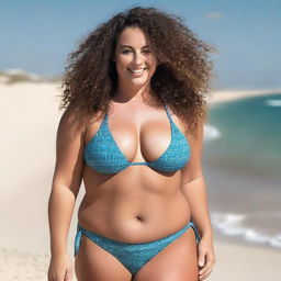 An image of a brunette woman with curly hair, dressed in a bikini