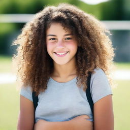 A portrait of a 15-year-old girl with curly brunette hair