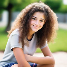 A portrait of a 15-year-old girl with curly brunette hair