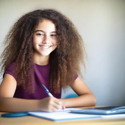 A portrait of a 15-year-old girl with curly brunette hair