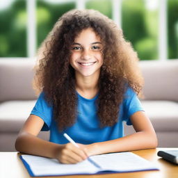 A portrait of a 15-year-old girl with curly brunette hair