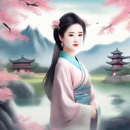 Generate an image of a beautiful Chinese girl dressed in traditional ancient attire, surrounded by a serene and picturesque landscape