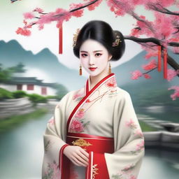 Generate an image of a beautiful Chinese girl dressed in traditional ancient attire, surrounded by a serene and picturesque landscape