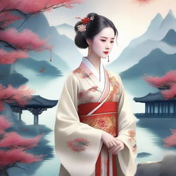 Generate an image of a beautiful Chinese girl dressed in traditional ancient attire, surrounded by a serene and picturesque landscape