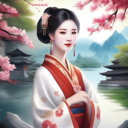 Generate an image of a beautiful Chinese girl dressed in traditional ancient attire, surrounded by a serene and picturesque landscape