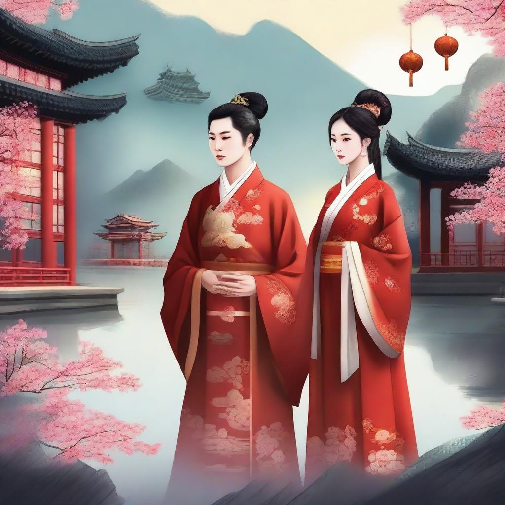 Create an image of a beautiful Chinese girl in traditional ancient attire, standing alongside a man who is also dressed in traditional Chinese attire