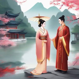 Create an image of a beautiful Chinese girl in traditional ancient attire, standing alongside a man who is also dressed in traditional Chinese attire