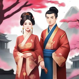 Create an image of a beautiful Chinese girl in traditional ancient attire, standing alongside a man who is also dressed in traditional Chinese attire