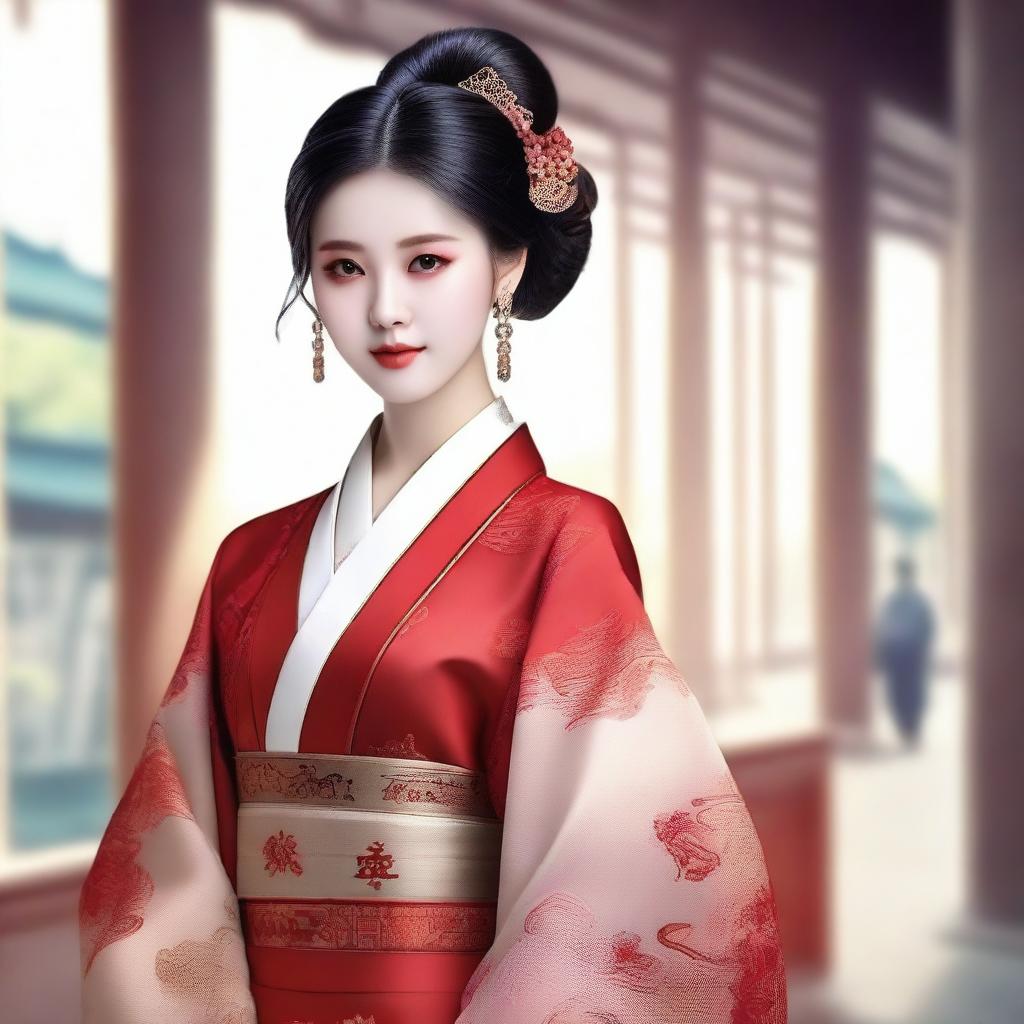 Generate an image of a beautiful Chinese girl in traditional ancient attire, surrounded by men who are also in traditional Chinese attire