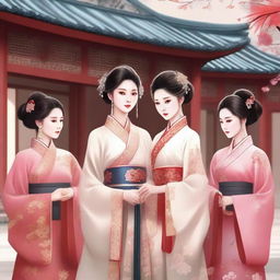 Generate an image of a beautiful Chinese girl in traditional ancient attire, surrounded by men who are also in traditional Chinese attire