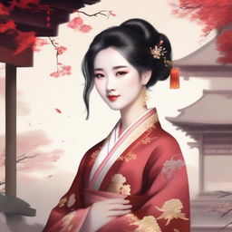 Generate an image of a beautiful Chinese girl in traditional ancient attire, surrounded by men who are also in traditional Chinese attire