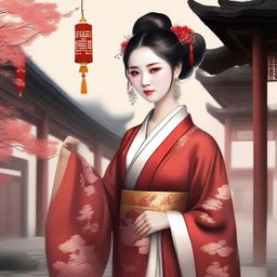 Generate an image of a beautiful Chinese girl in traditional ancient attire, surrounded by men who are also in traditional Chinese attire