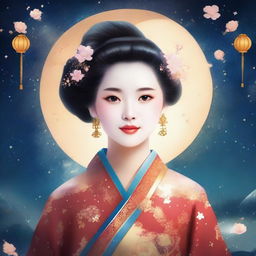 Create an image of a beautiful Chinese girl in traditional ancient attire, surrounded by a night sky filled with stars