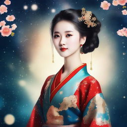 Create an image of a beautiful Chinese girl in traditional ancient attire, surrounded by a night sky filled with stars