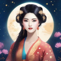 Create an image of a beautiful Chinese girl in traditional ancient attire, surrounded by a night sky filled with stars