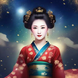 Create an image of a beautiful Chinese girl in traditional ancient attire, surrounded by a night sky filled with stars