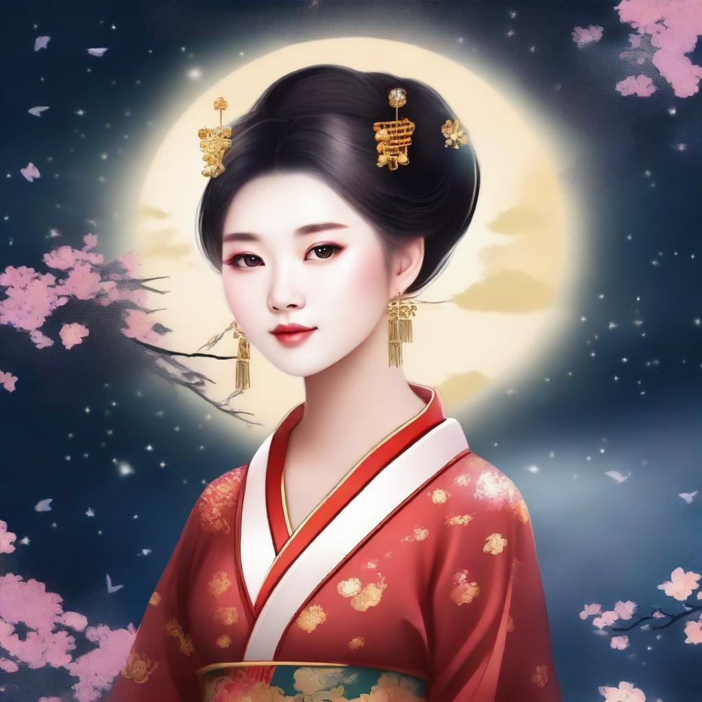 Generate an image of an elegant Chinese girl in traditional ancient attire, surrounded by a night sky filled with stars