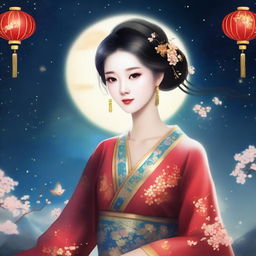 Generate an image of an elegant Chinese girl in traditional ancient attire, surrounded by a night sky filled with stars