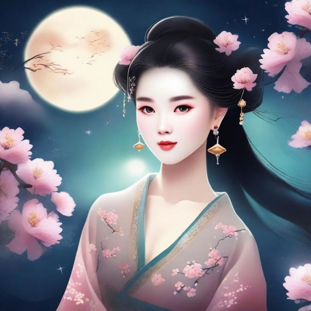 Generate an image of an elegant Chinese girl in traditional ancient attire, surrounded by a night sky filled with stars