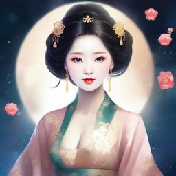 Generate an image of an elegant Chinese girl in traditional ancient attire, surrounded by a night sky filled with stars