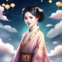 Create an image of an elegant Chinese girl in traditional ancient attire, surrounded by stars and floating amidst the sky clouds