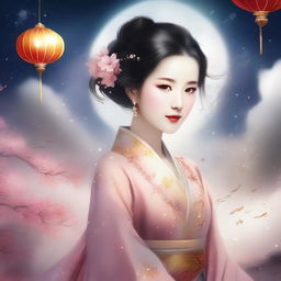 Create an image of an elegant Chinese girl in traditional ancient attire, surrounded by stars and floating amidst the sky clouds