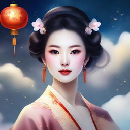 Create an image of an elegant Chinese girl in traditional ancient attire, surrounded by stars and floating amidst the sky clouds