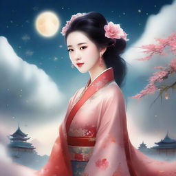 Create an image of an elegant Chinese girl in traditional ancient attire, surrounded by stars and floating amidst the sky clouds