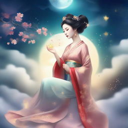 Generate an image of an elegant Chinese goddess in traditional ancient attire, surrounded by stars and floating amidst the sky clouds