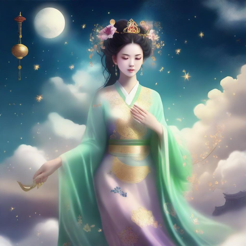 Generate an image of an elegant Chinese goddess in traditional ancient attire, surrounded by stars and floating amidst the sky clouds