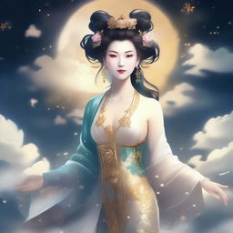 Generate an image of an elegant Chinese goddess in traditional ancient attire, surrounded by stars and floating amidst the sky clouds