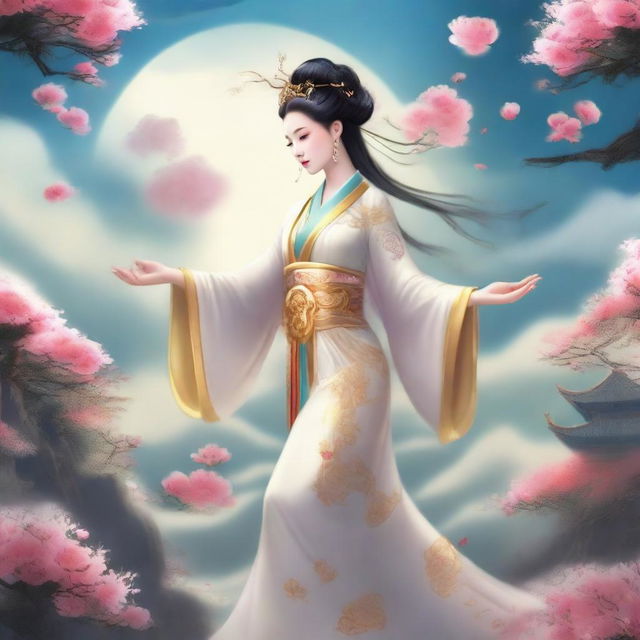 Generate an image of an elegant Chinese goddess in traditional ancient attire, floating in the sky