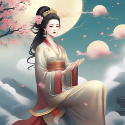 Generate an image of an elegant Chinese goddess in traditional ancient attire, floating in the sky