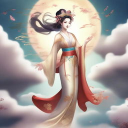 Generate an image of an elegant Chinese goddess in traditional ancient attire, floating in the sky