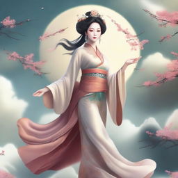 Generate an image of an elegant Chinese goddess in traditional ancient attire, floating in the sky