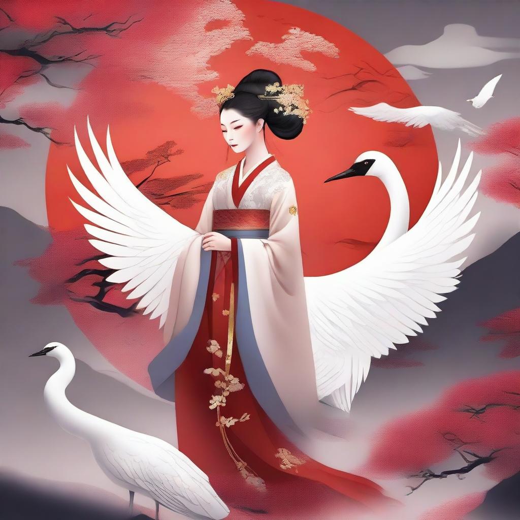 Generate an image of an elegant Chinese goddess in traditional ancient attire, floating in the sky with a red-crowned crane