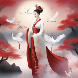 Generate an image of an elegant Chinese goddess in traditional ancient attire, floating in the sky with a red-crowned crane