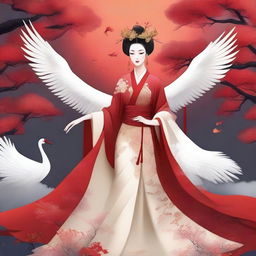 Generate an image of an elegant Chinese goddess in traditional ancient attire, floating in the sky with a red-crowned crane