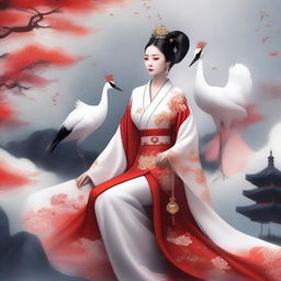 Generate an image of an elegant Chinese goddess in traditional ancient attire, floating in the sky with a red-crowned crane