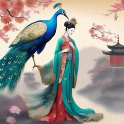 Generate an image of an elegant Chinese goddess in traditional ancient attire, floating in the sky with a crane and a peacock