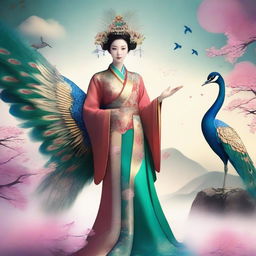 Generate an image of an elegant Chinese goddess in traditional ancient attire, floating in the sky with a crane and a peacock