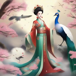 Generate an image of an elegant Chinese goddess in traditional ancient attire, floating in the sky with a crane and a peacock