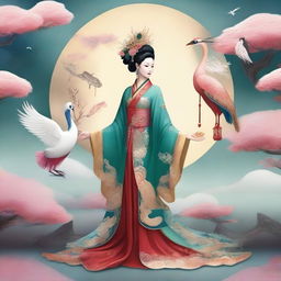 Generate an image of an elegant Chinese goddess in traditional ancient attire, floating in the sky with a crane and a peacock