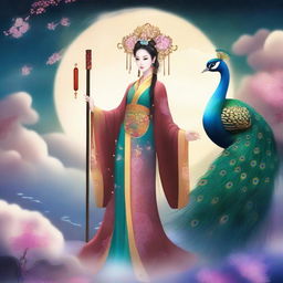 Create an image of a mysterious Chinese goddess in the sky, holding a cane, accompanied by a peacock, surrounded by stars and clouds