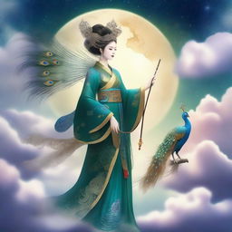 Create an image of a mysterious Chinese goddess in the sky, holding a cane, accompanied by a peacock, surrounded by stars and clouds