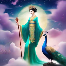 Create an image of a mysterious Chinese goddess in the sky, holding a cane, accompanied by a peacock, surrounded by stars and clouds