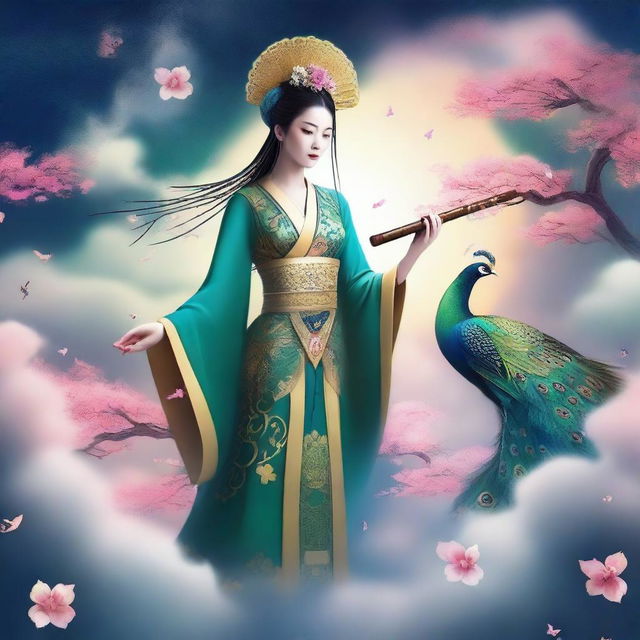 Create an image of a mysterious Chinese goddess in the sky, holding a cane, accompanied by a peacock, surrounded by stars and clouds