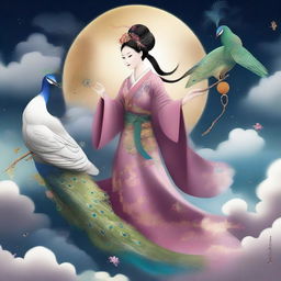 Generate an image of a mysterious Chinese goddess and her master in the sky, both holding canes, accompanied by a peacock, surrounded by stars and clouds