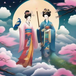 Generate an image of a mysterious Chinese goddess and her master in the sky, both holding canes, accompanied by a peacock, surrounded by stars and clouds